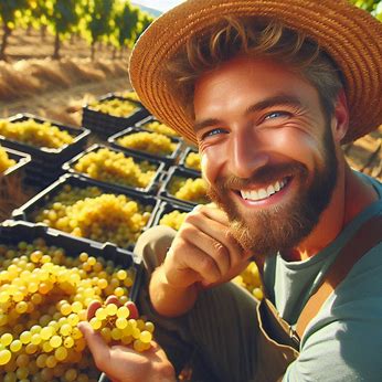 انگورهای زرد در سبد و دهقان خندان