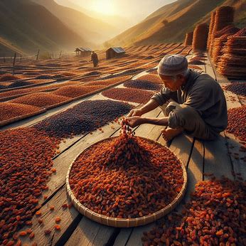 دهقان در حال پاکسازی کشمش های آفتاب